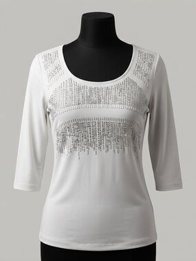 Chico's Women’s Size 0 Gray Embellished Rhinestone Fringe 3/4 Sleeve Top